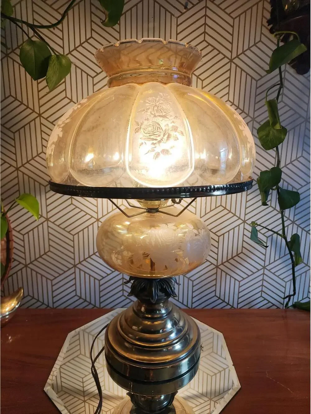 Vintage Clear Amber Glass Hurricane Gone With The Wind Floral Table Lamp 20
